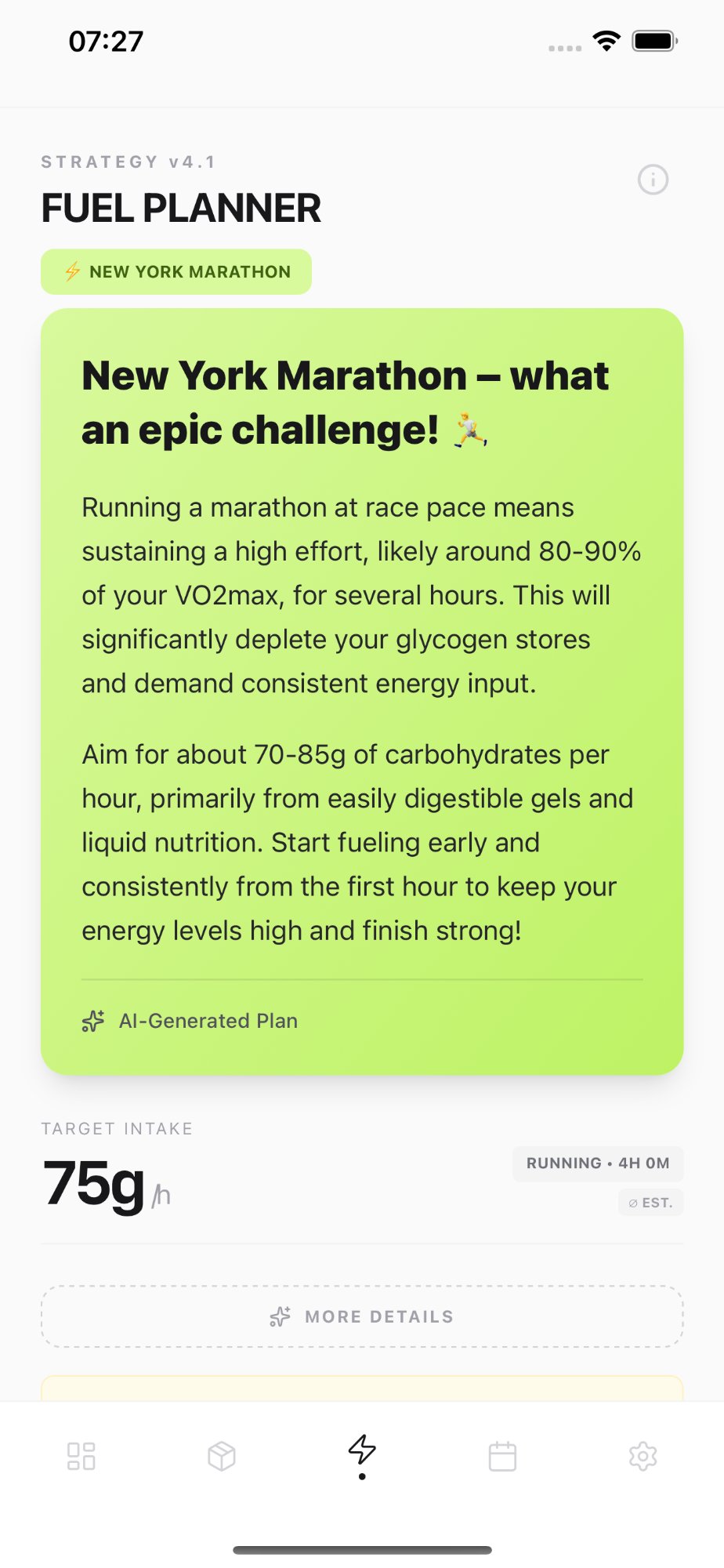 AI-generated fuel plan with coaching narrative